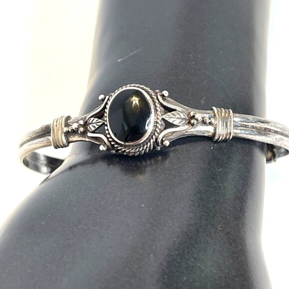 925 Sterling Silver Black Onyx Oval Cabochon Cuff Bracelet Native American VTG - Picture 4 of 16